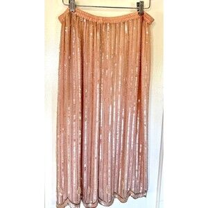 Vtg Iridescent Beaded Rose Blush Pink, Pearl Scallop Hem Midi Skirt Fairycore L